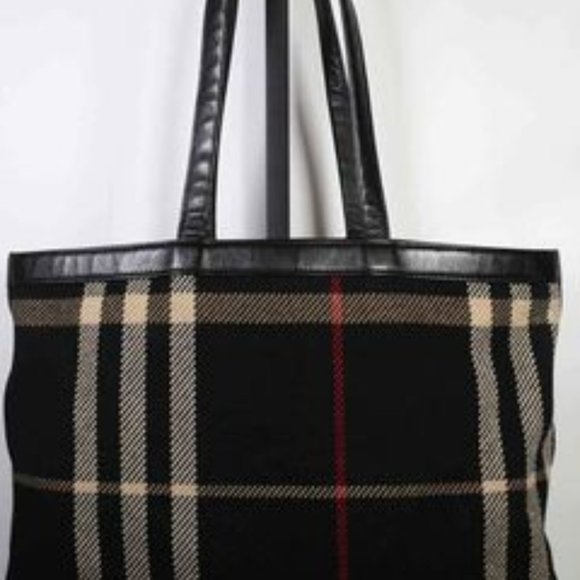 Burberry Striped Wool and Leather Trim Tote with Pouch by Burberry - Picture 2 of 8